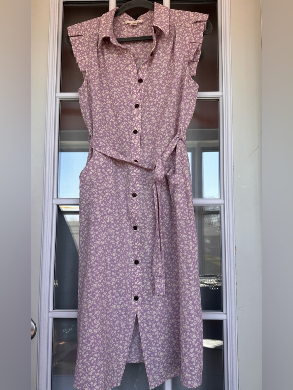 Monteau Georgette Purple Cream Floral Button FrontTie Shirt Midi Dress - size L
